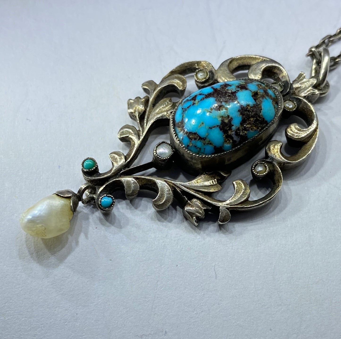 Turquoise Silver Pearl Arts & Crafts Pendant And Chain