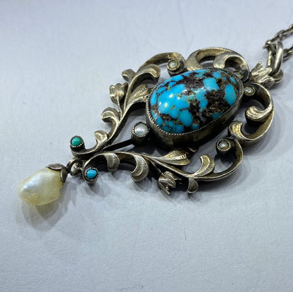 Turquoise Silver Pearl Arts & Crafts Pendant And Chain