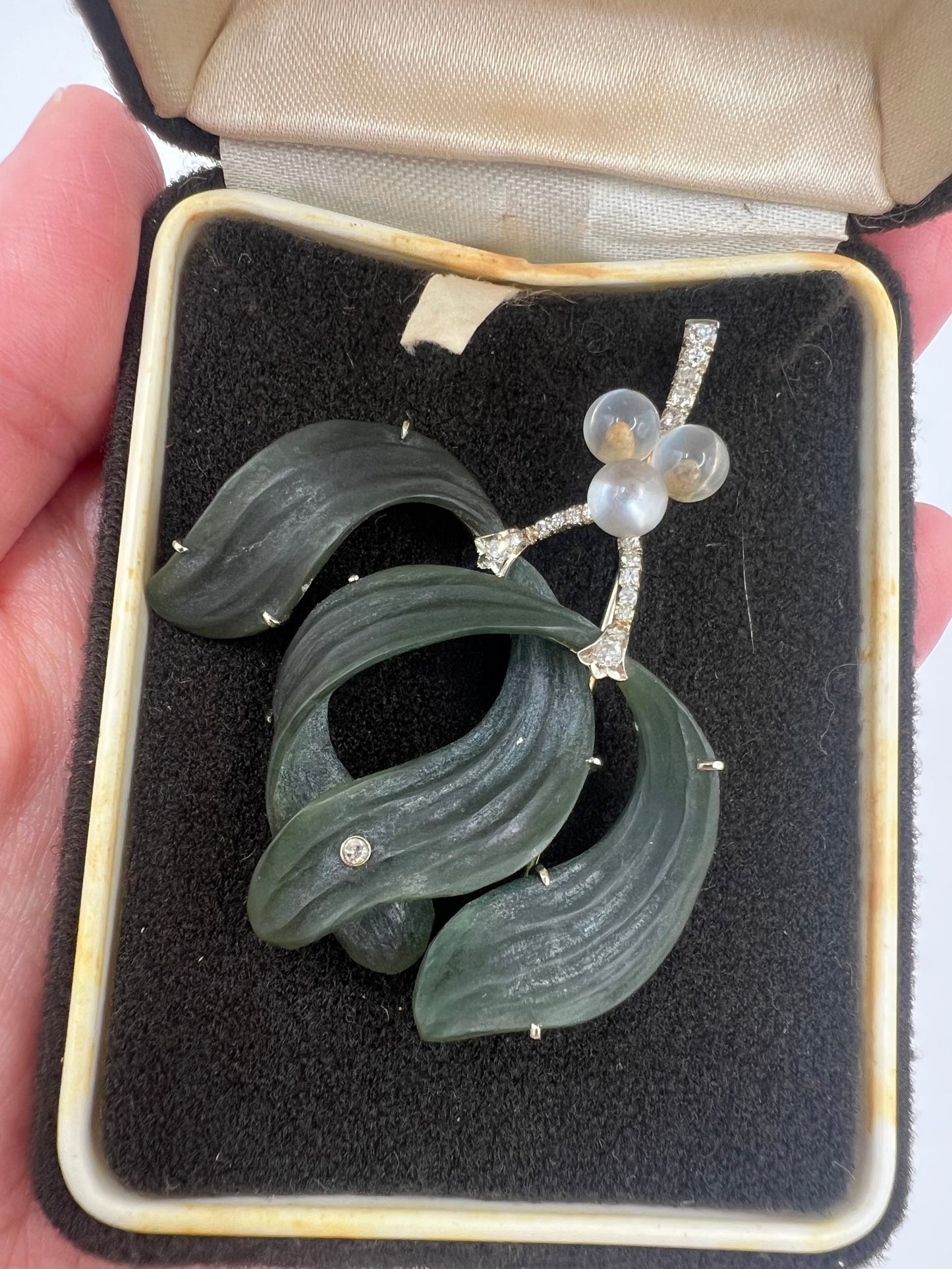 Nephrite Jade, Moonstone, Diamond White Gold Christmas Mistletoe Brooch / Pendant
