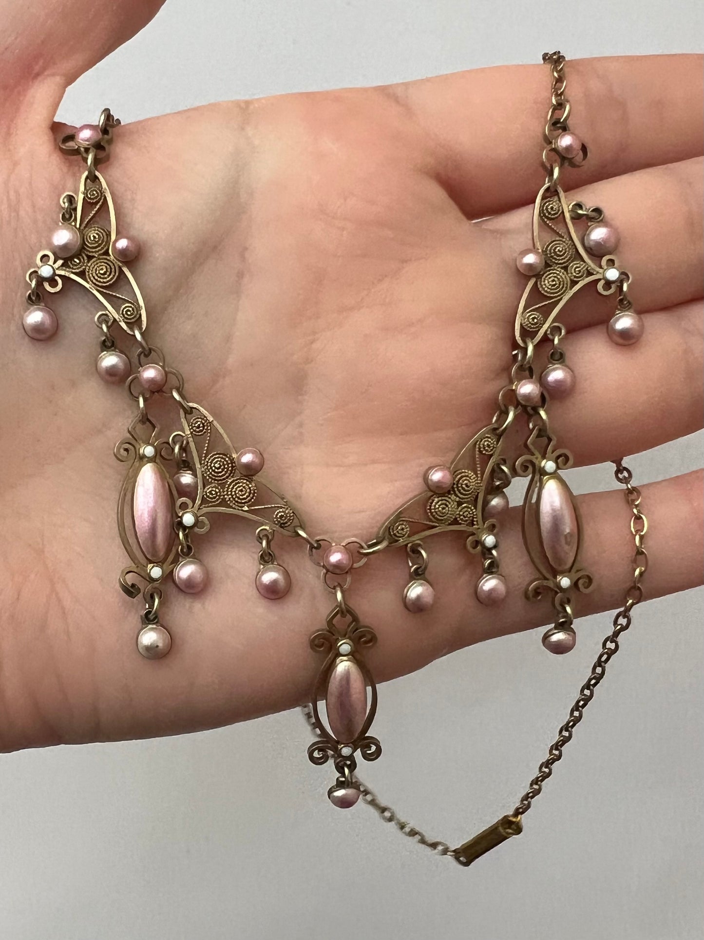 Pink Enamel Silver Gilt Norwegian Necklace Attributed to Marius Hammer