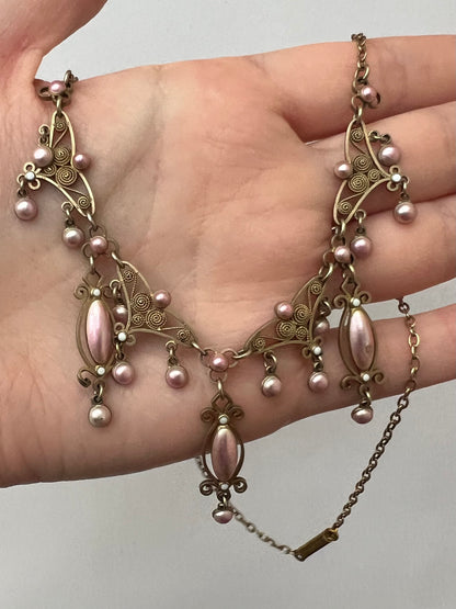 Pink Enamel Silver Gilt Norwegian Necklace Attributed to Marius Hammer