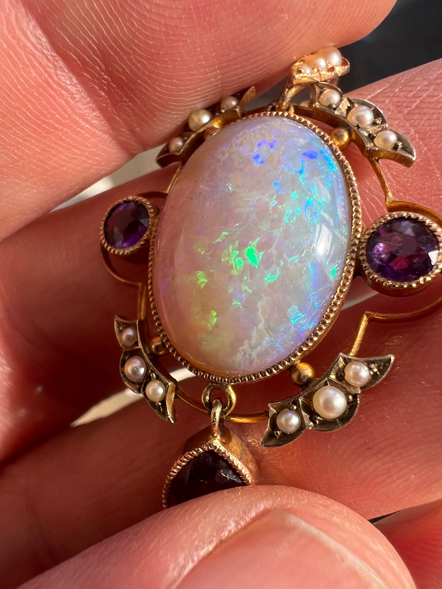 Striking Antique Large Opal Amethyst & Seed Pearl Pendant & Chain