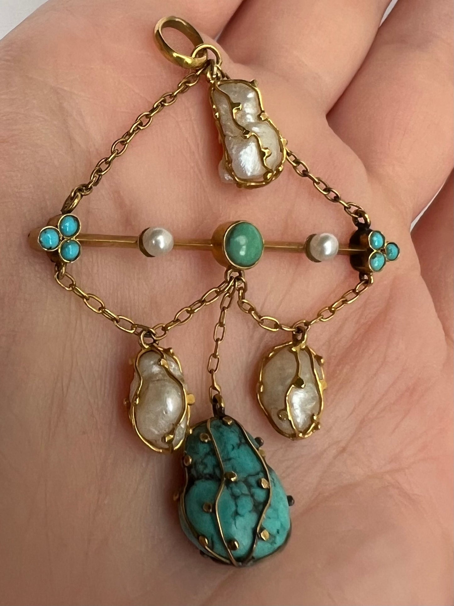 18ct Gold Arts & Crafts Pearl Turquoise Pendant Possibly Liberty