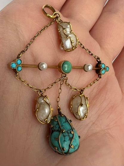 18ct Gold Arts & Crafts Pearl Turquoise Pendant Possibly Liberty