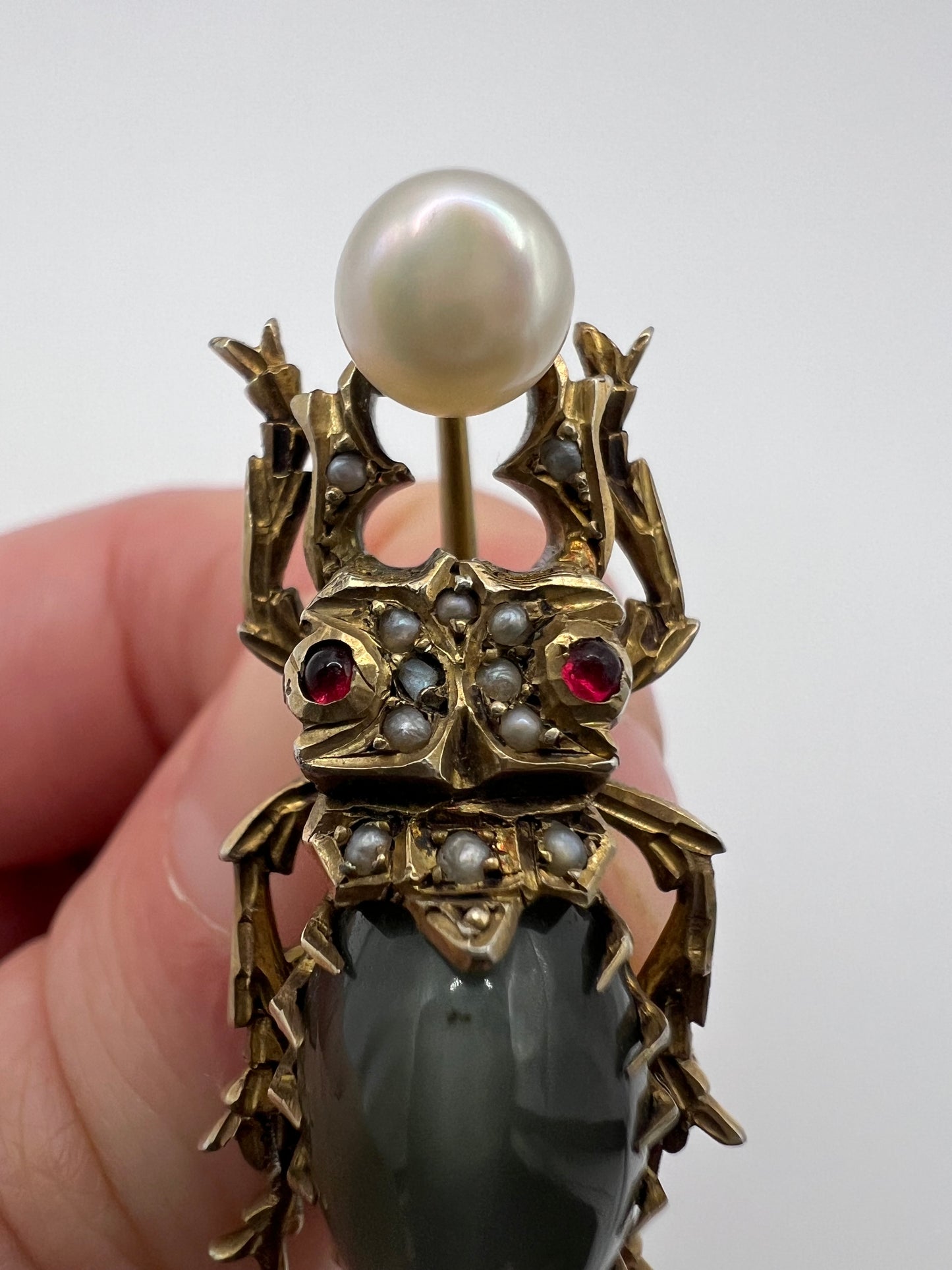 RESERVED Please enquire - Egyptian Revival Scarab Beetle Pushing Pearl Brooch