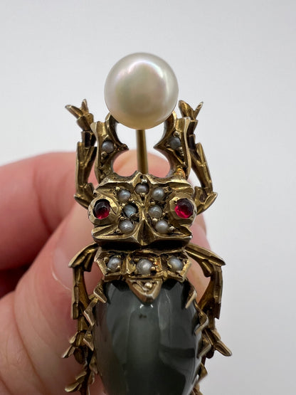 RESERVED Please enquire - Egyptian Revival Scarab Beetle Pushing Pearl Brooch