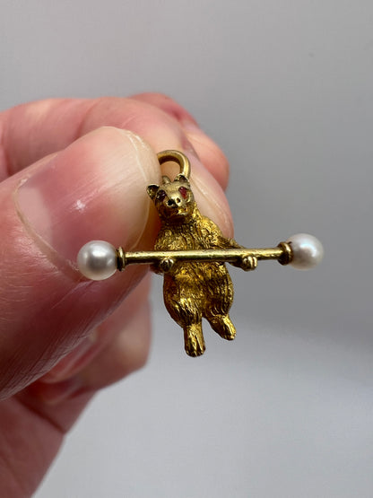 Super Bear! 15ct Gold Weightlifting Bear Pendant or Charm