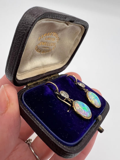 Stunning Antique Opal And Old Cut Diamond Earrings