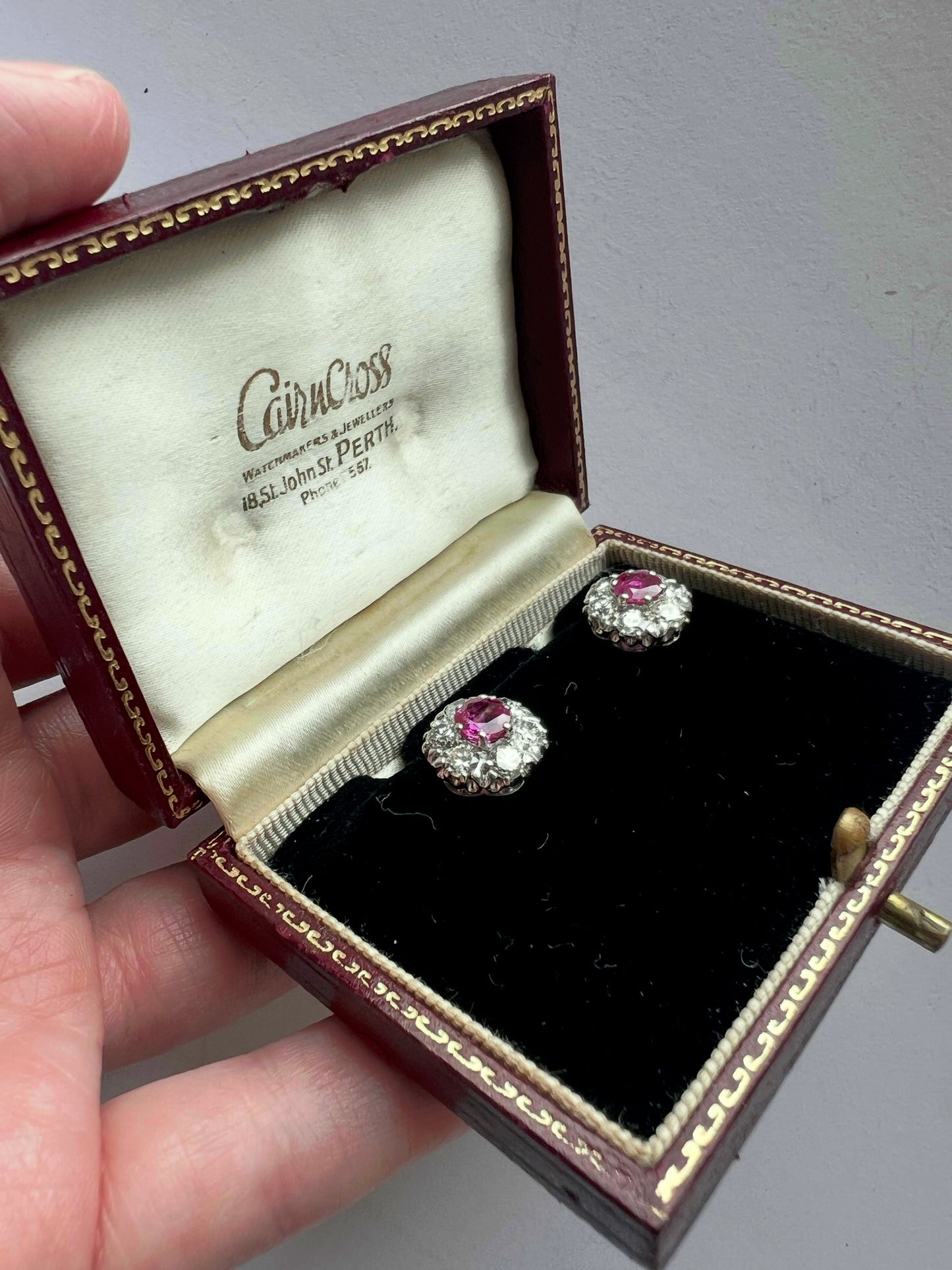 Late Art Deco 1950s Natural Ruby Diamond Daisy Cluster Stud Earrings, Boxed 18ct White Gold
