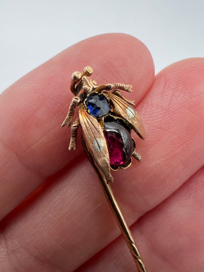 Velvet Boxed Victorian Fly Gold Sapphire Garnet Stick Pin