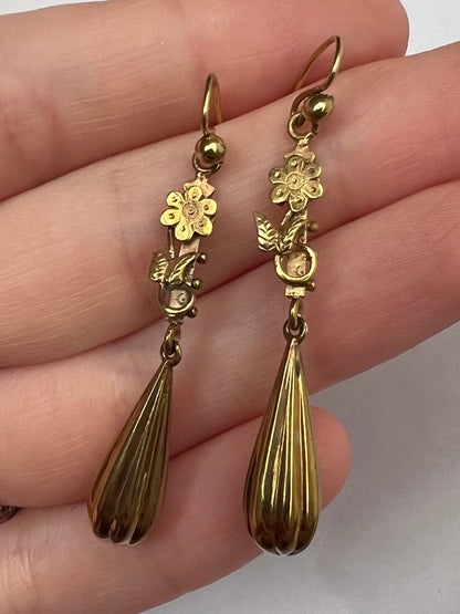 Victorian Torpedo and Flower Gold Drop Dangly Earrings