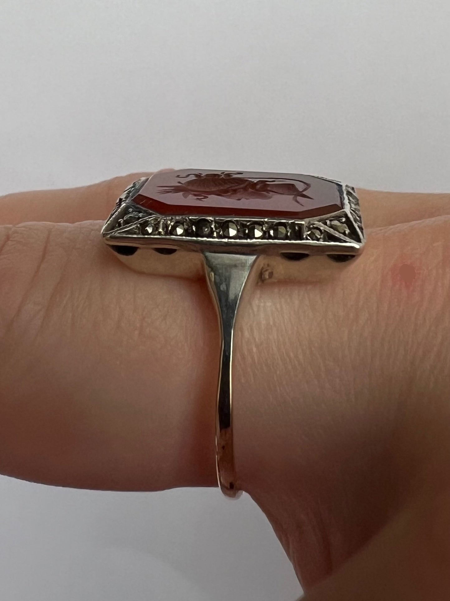 Carnelian Intaglio Hardstone Seal Ring in Gold Silver Marcasite