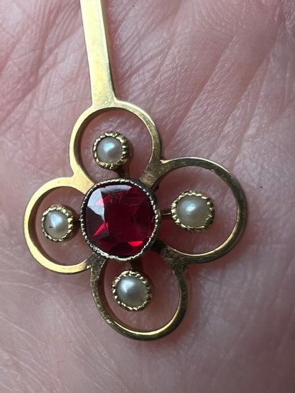 Edwardian 15ct Gold Quatrefoil Garnet Seed Pearl Necklace