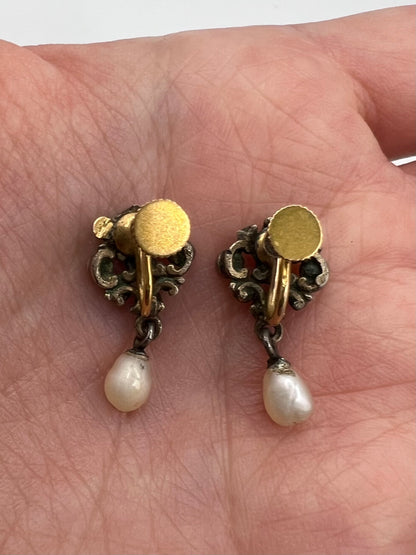 Austro Hungarian Antique Emerald Pearl Gold Silver Screw Back Earrings