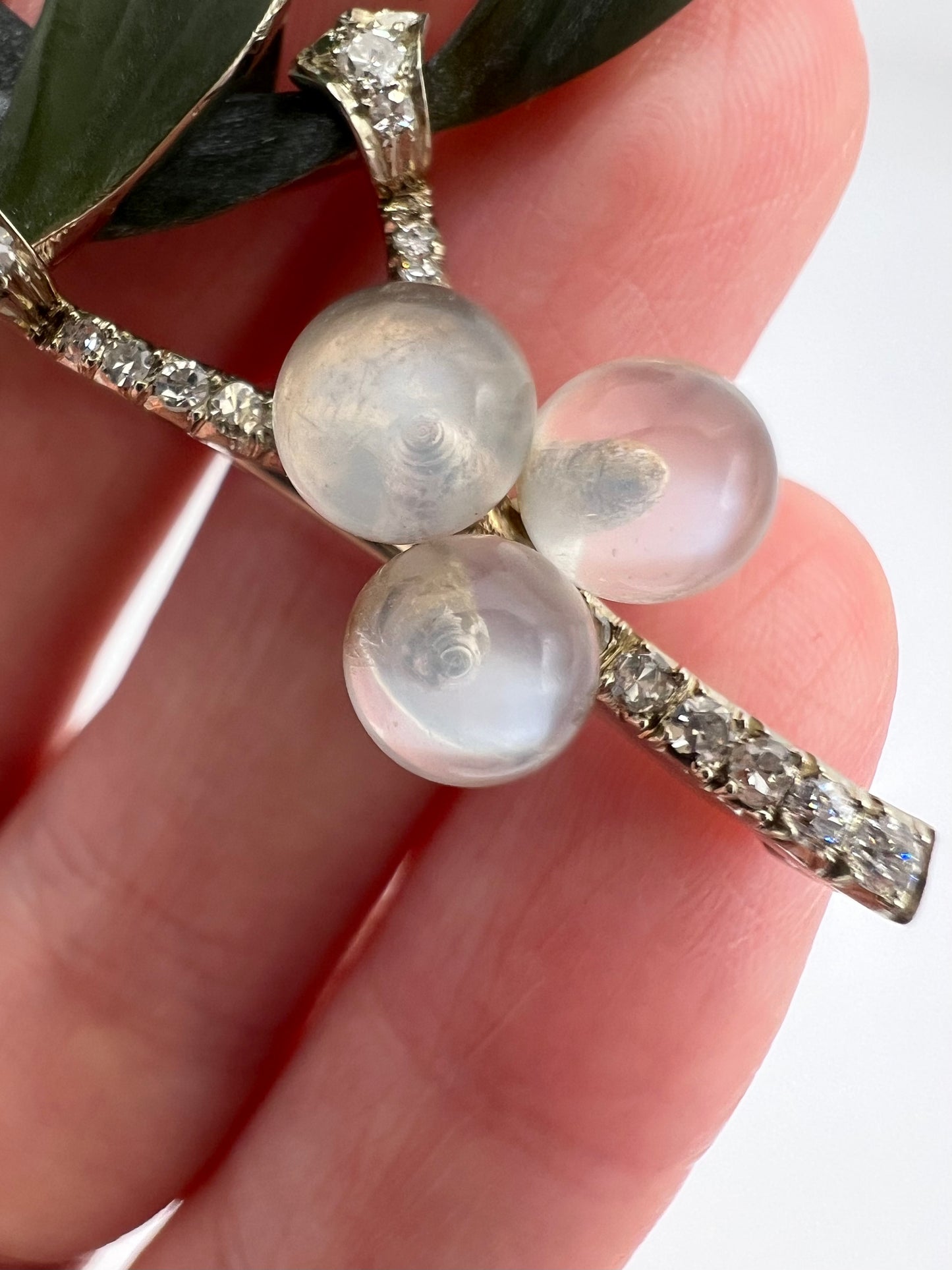 Nephrite Jade, Moonstone, Diamond White Gold Christmas Mistletoe Brooch / Pendant