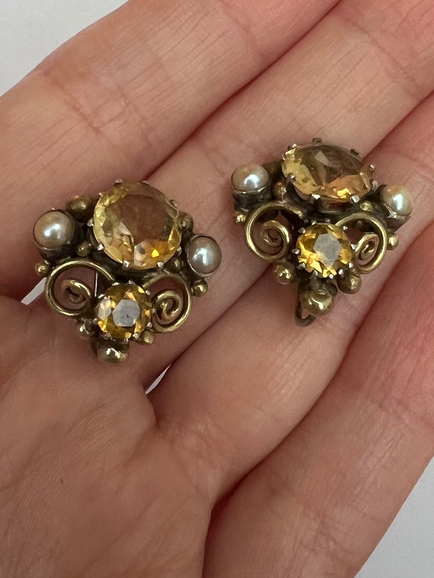Dorrie Nossiter Citrine Pearl Arts & Crafs Screw Back Earrings