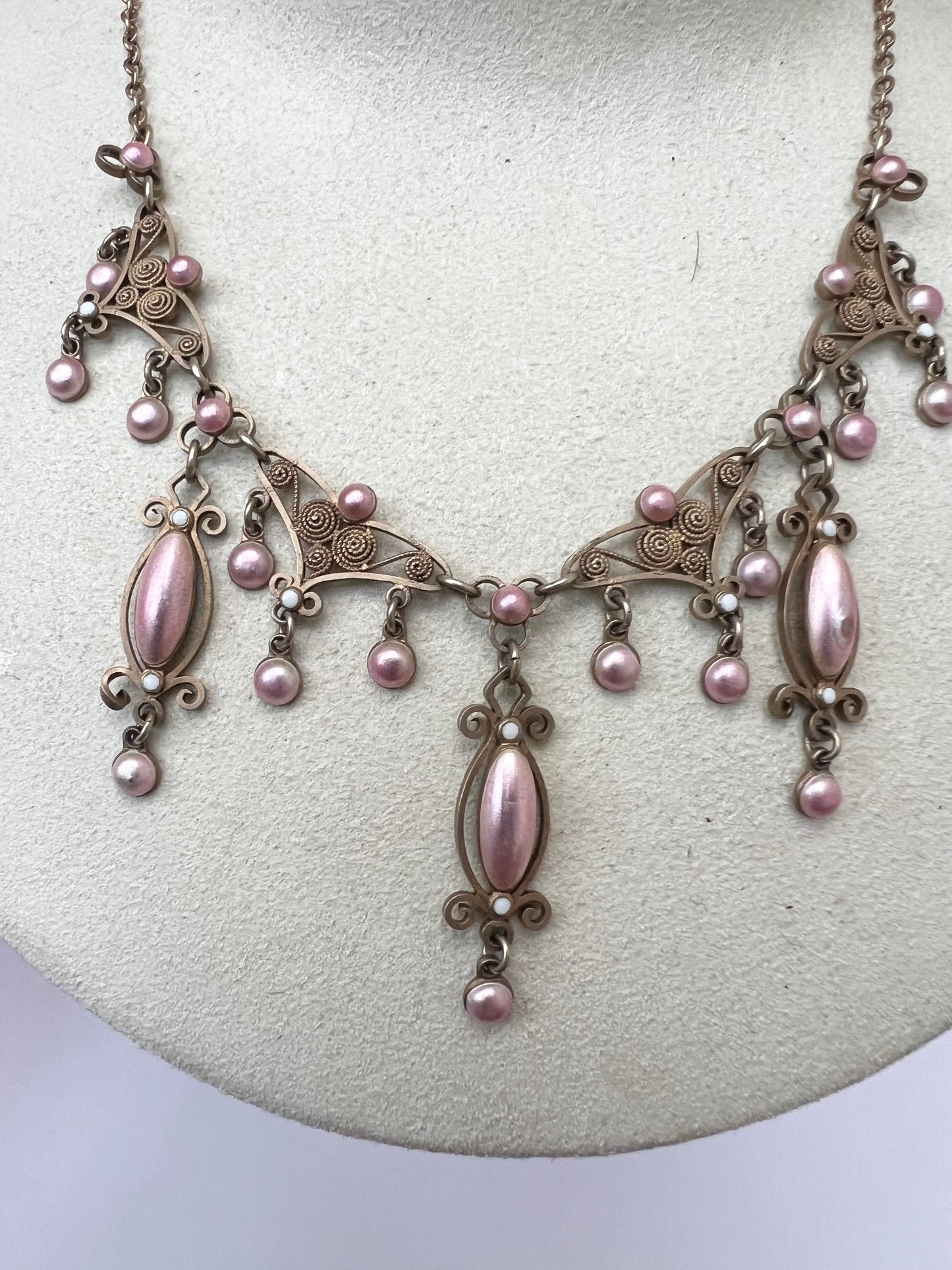 Pink Enamel Silver Gilt Norwegian Necklace Attributed to Marius Hammer