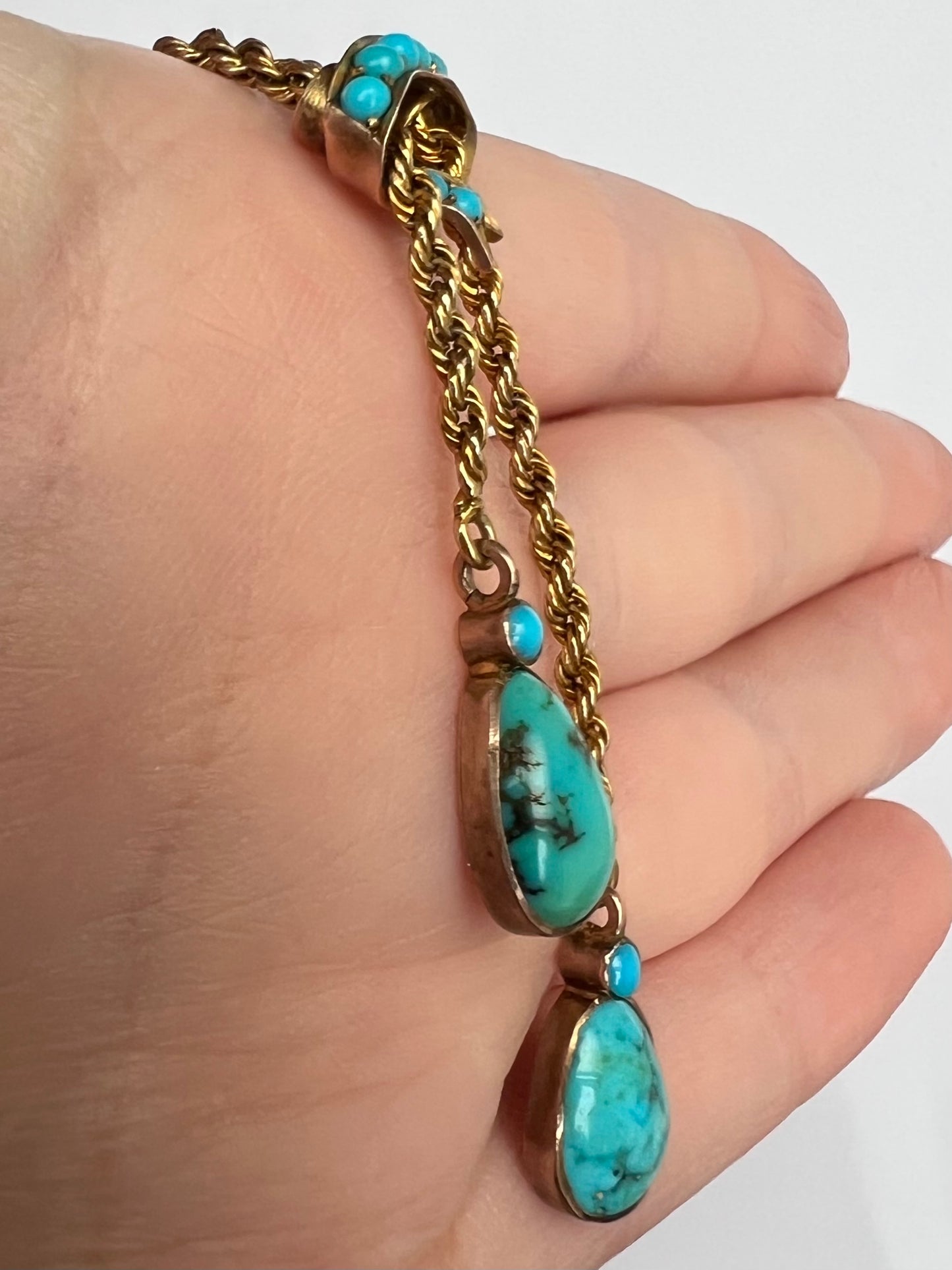 c1915 Turquoise & Gold Negligee Double Drop Pendant Necklace
