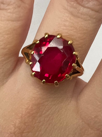 22ct Gold Large Created Ruby Hand Faceted Gents Pinky Ring