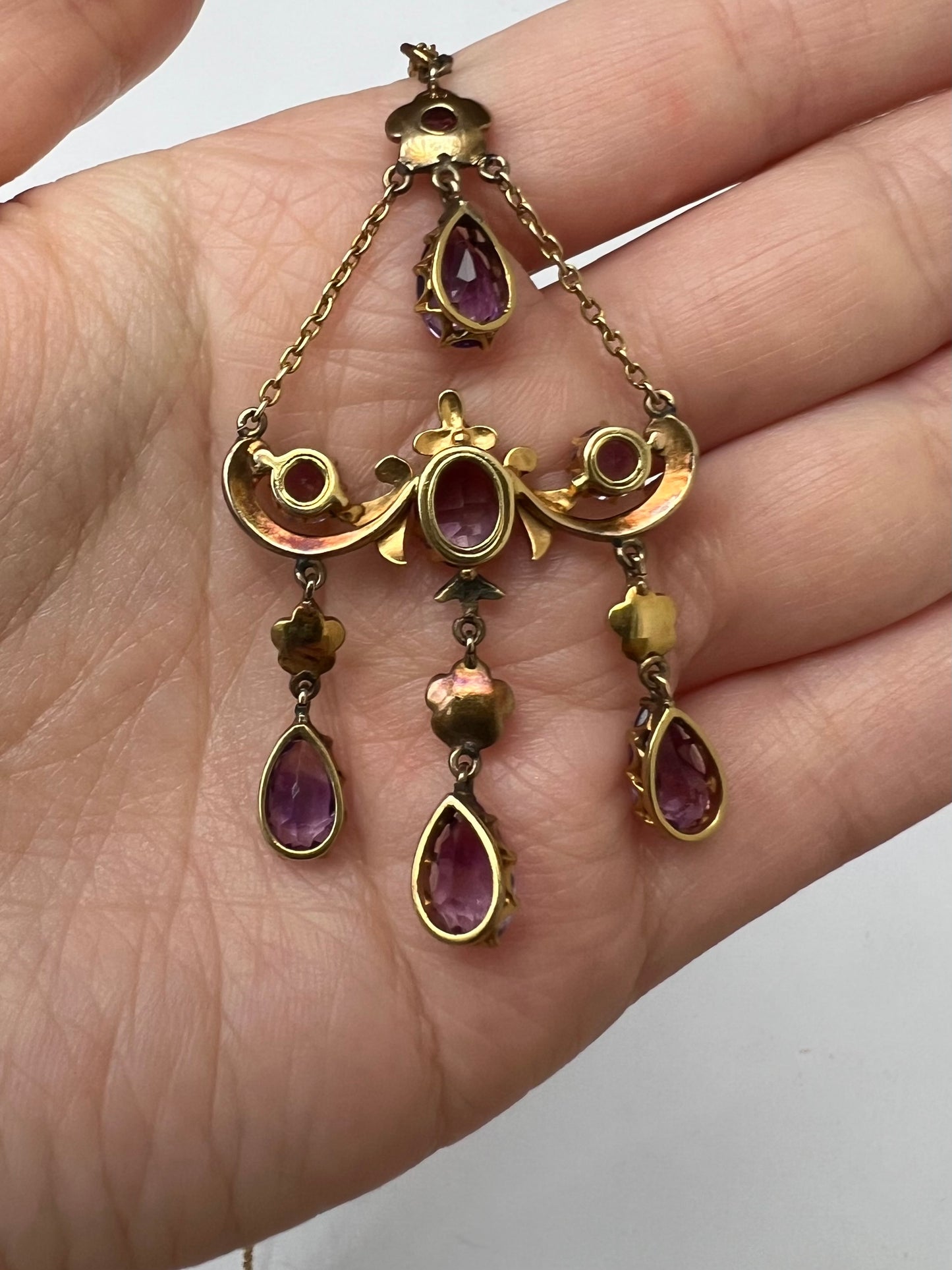 Sentimental Victorian 15ct Gold Amethyst Necklace in Suffragette Colours