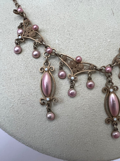 Pink Enamel Silver Gilt Norwegian Necklace Attributed to Marius Hammer