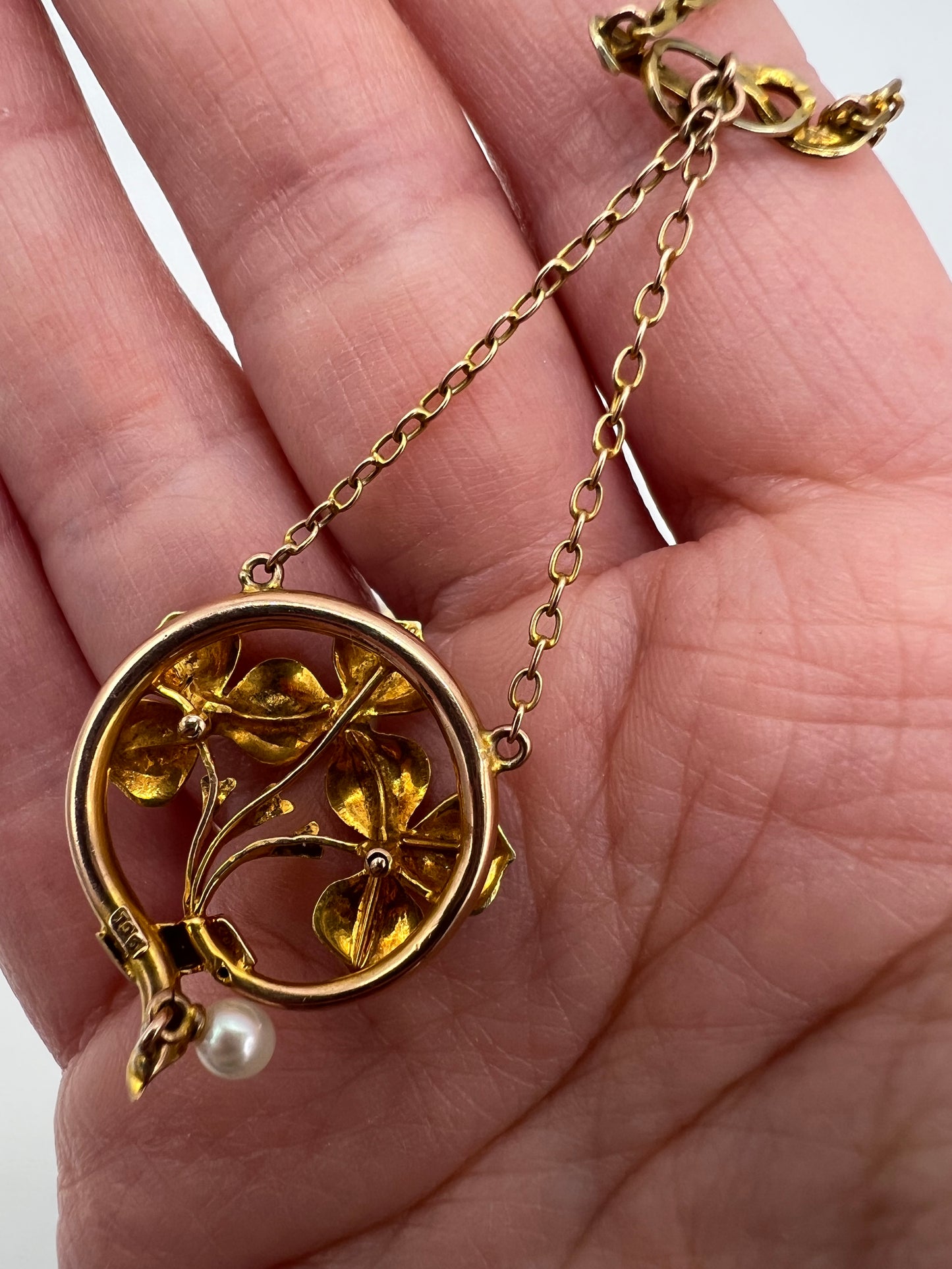 Art Nouveau Pansy Flower Enamel & Pearl Gold Necklace