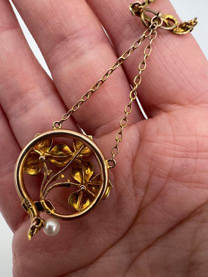 Art Nouveau Pansy Flower Enamel & Pearl Gold Necklace