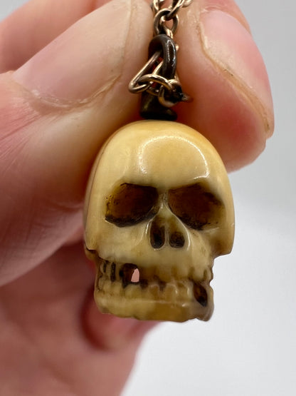 Japanese Antique Skull Charm On 9ct Gold Fetter Link Chain