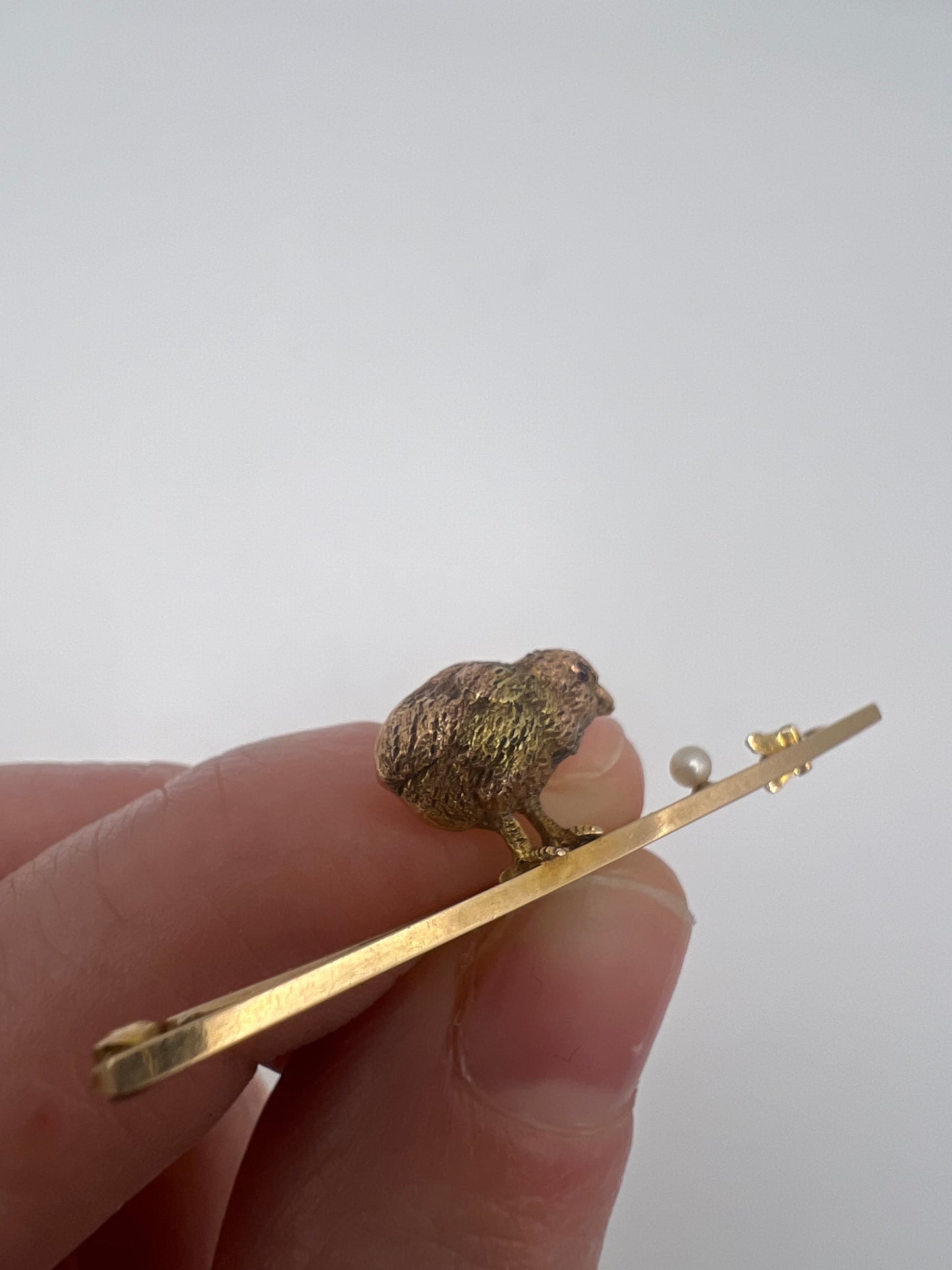 RESERVED Please enquire - Originally Boxed 14ct Gold Easter Chick and Pearl Stick Pin