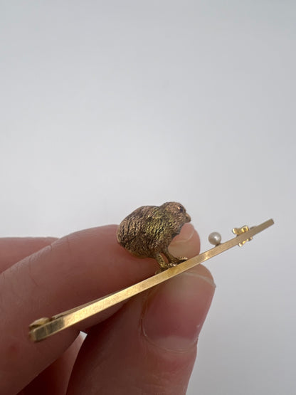 RESERVED Please enquire - Originally Boxed 14ct Gold Easter Chick and Pearl Stick Pin