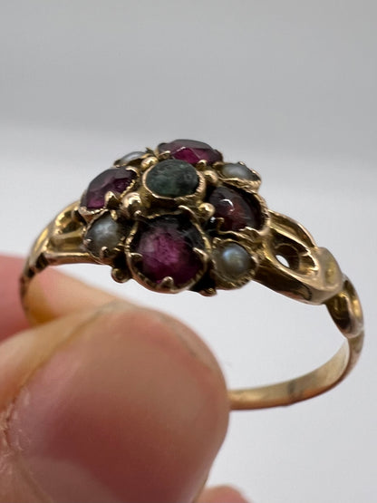 1864 Victorian 15ct Gold Almandine Garnet Emerald Pearl Ring