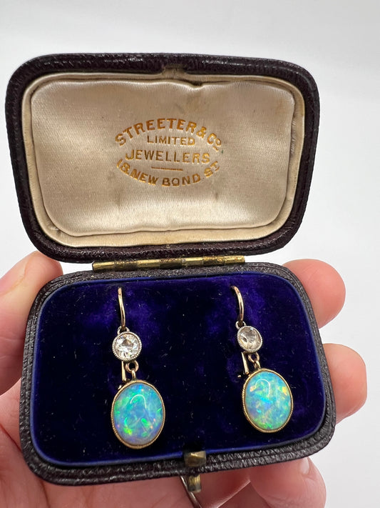 Stunning Antique Opal And Old Cut Diamond Earrings