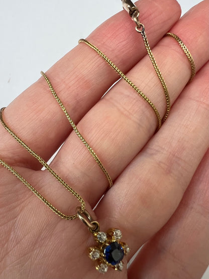 Inc Chain - Finest Quality Tiny 22ct Gold Sapphire Diamond Flower Pendant & 9ct Chain