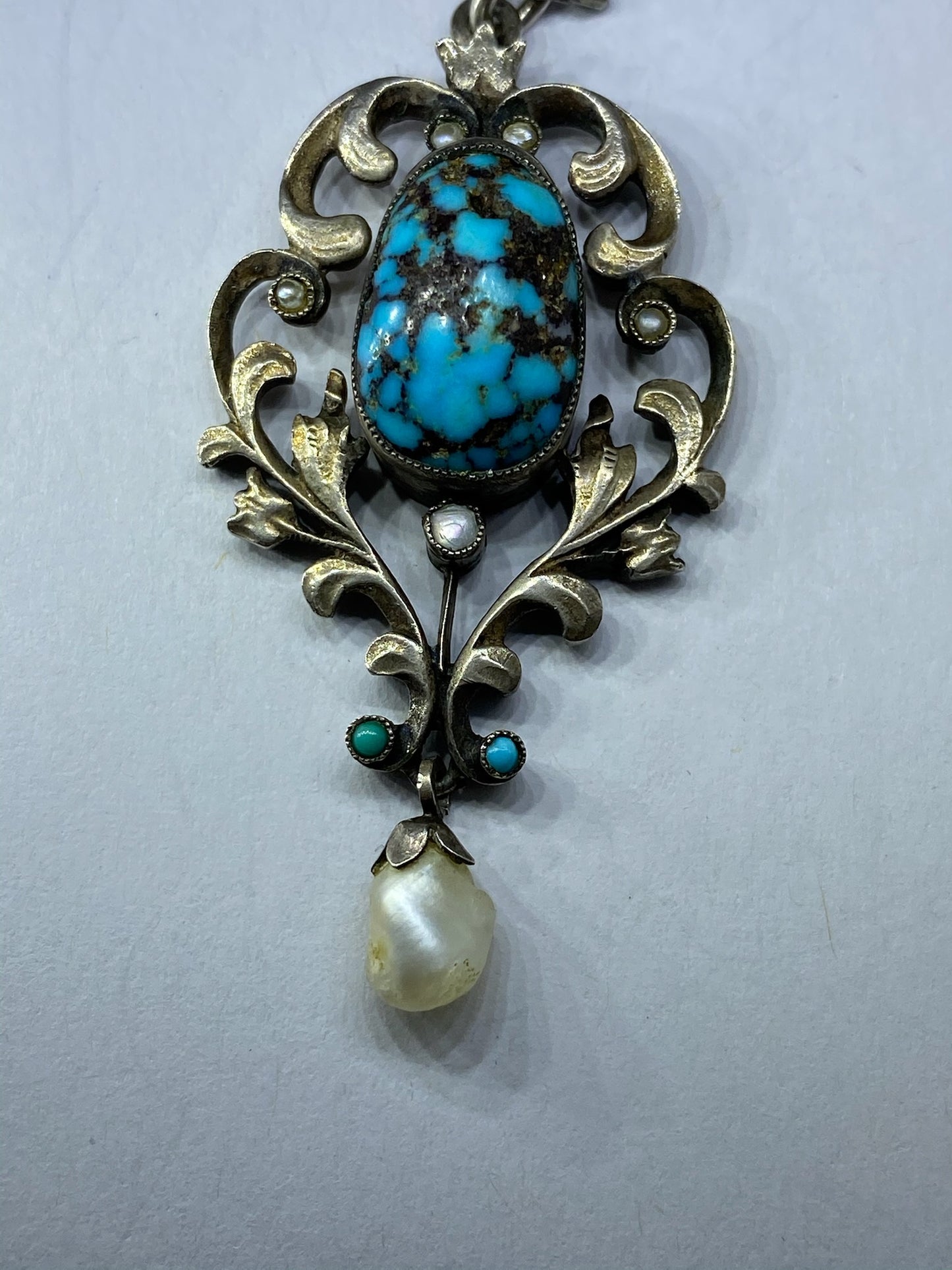 Turquoise Silver Pearl Arts & Crafts Pendant And Chain