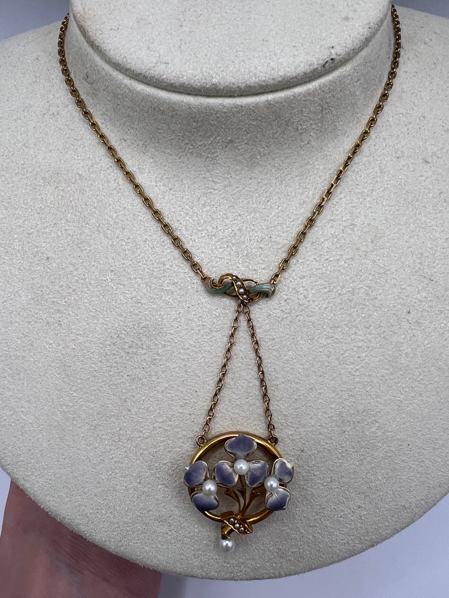 Art Nouveau Pansy Flower Enamel & Pearl Gold Necklace