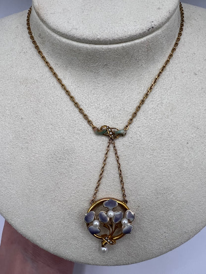 Art Nouveau Pansy Flower Enamel & Pearl Gold Necklace