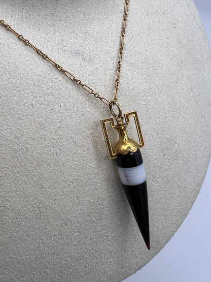Etruscan Revival Ampule Amphora Banded Agate 15ct Gold Pendant & Chain