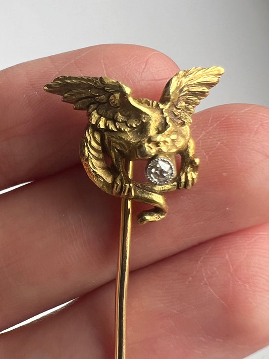 French Art Nouveau Gold Diamond Chimera Dragon Stick Pin 18ct Gold
