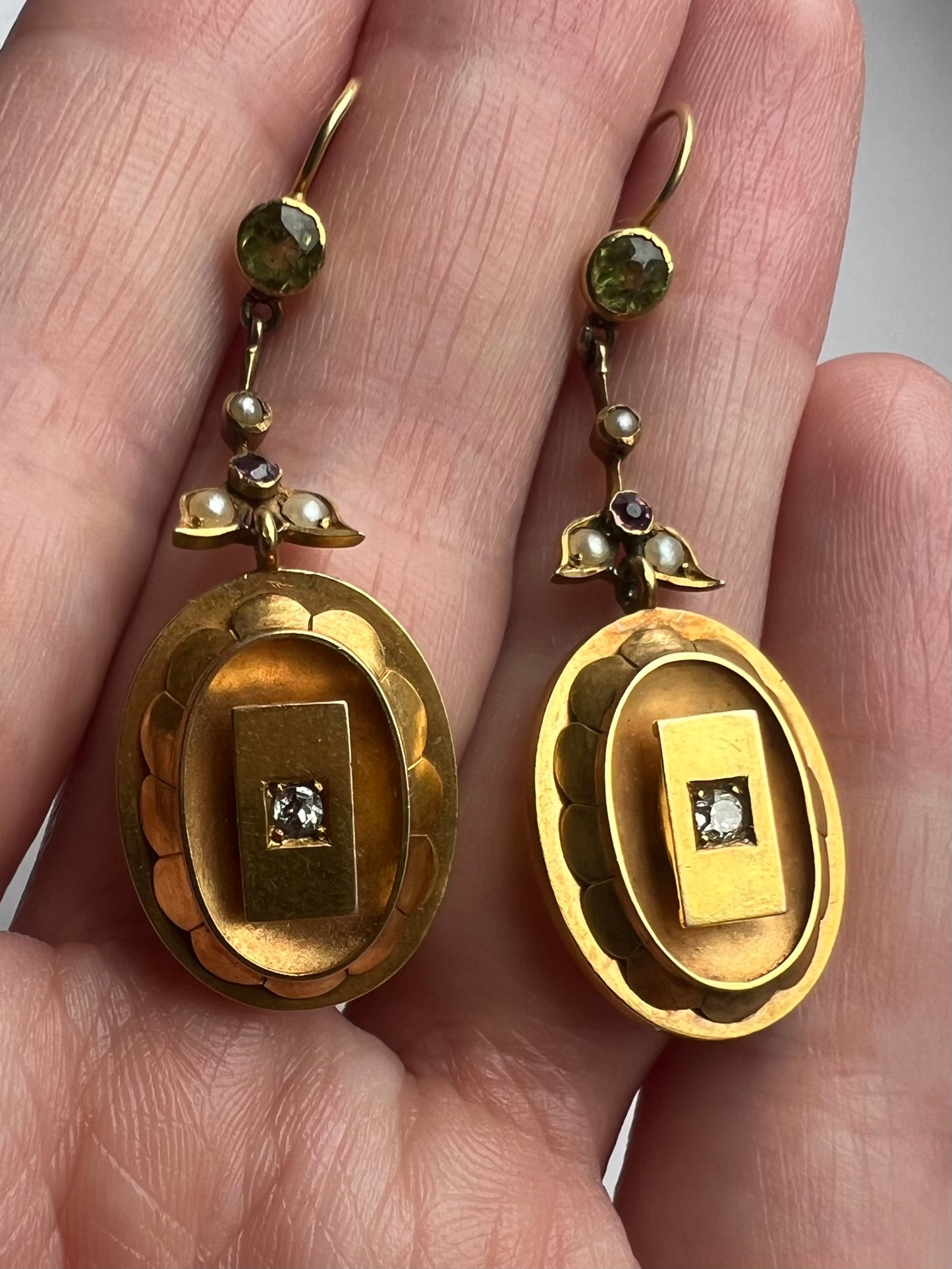 15ct Gold Suffragist Earrings Tourmaline Diamond Pearl Peridot