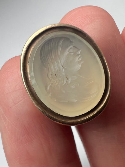 Georgian Gold Intaglio Chalcedony Carved Face Hardstone Fob Seal