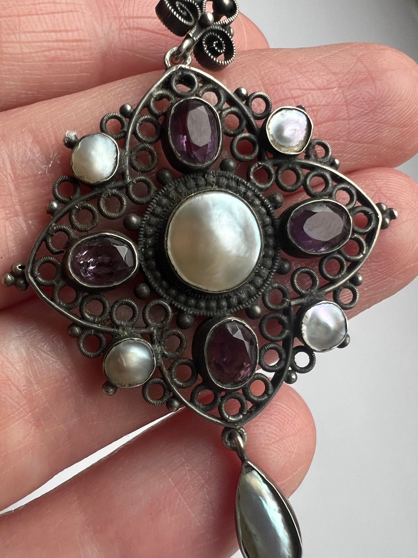 Arts & Crafts Blister Pearl Filigree Silver Amethyst Pendant