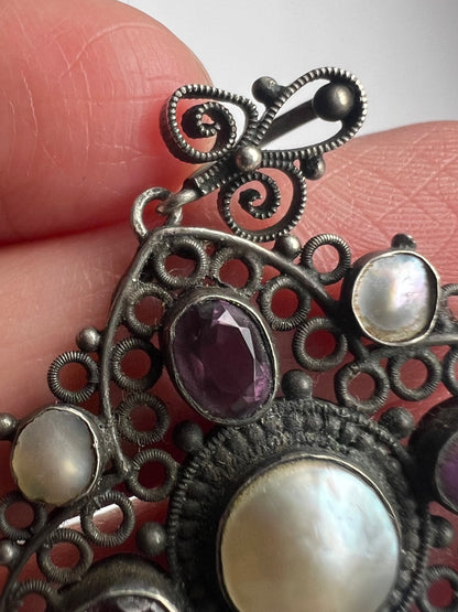 Arts & Crafts Blister Pearl Filigree Silver Amethyst Pendant