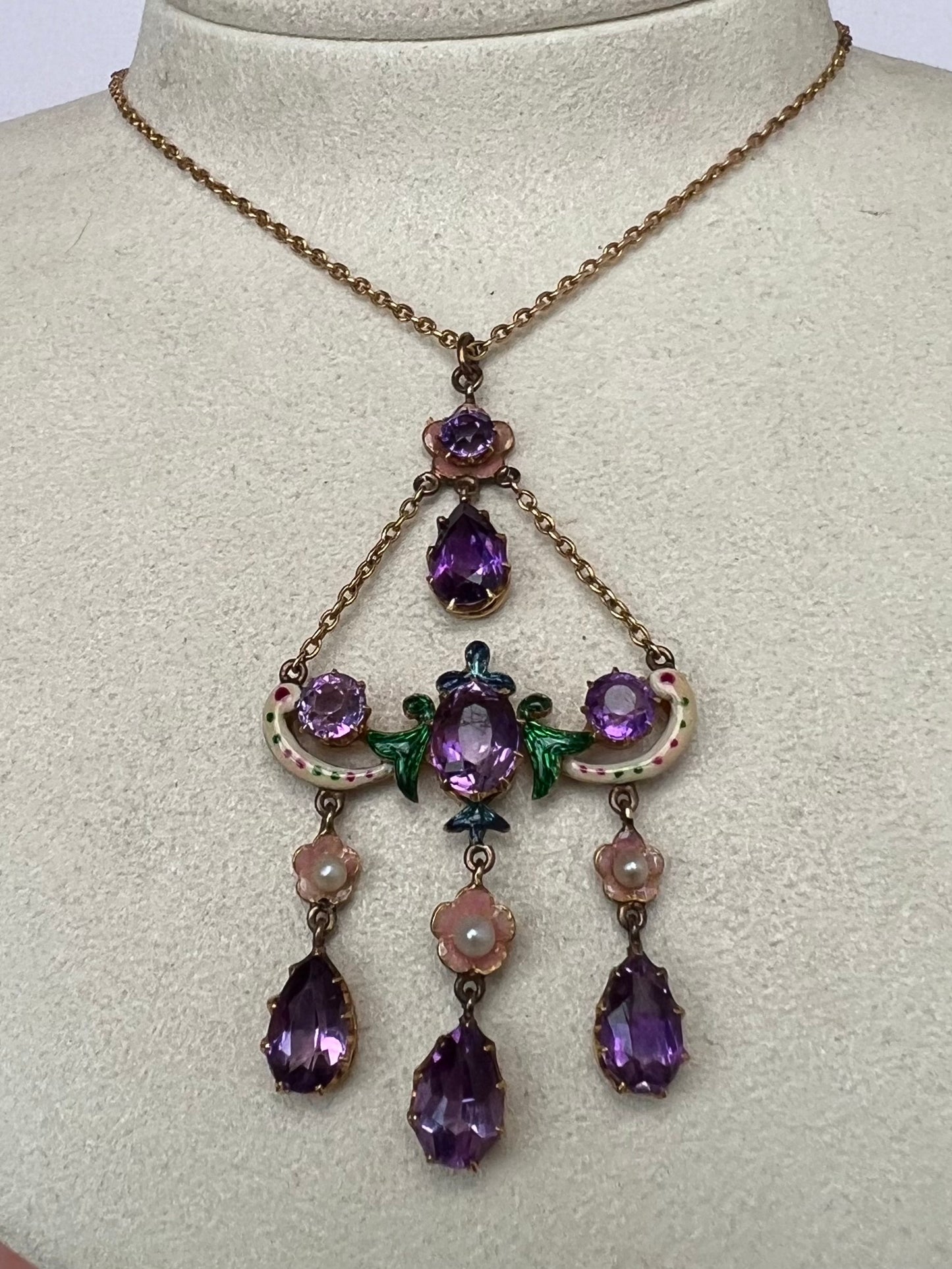Sentimental Victorian 15ct Gold Amethyst Necklace in Suffragette Colours