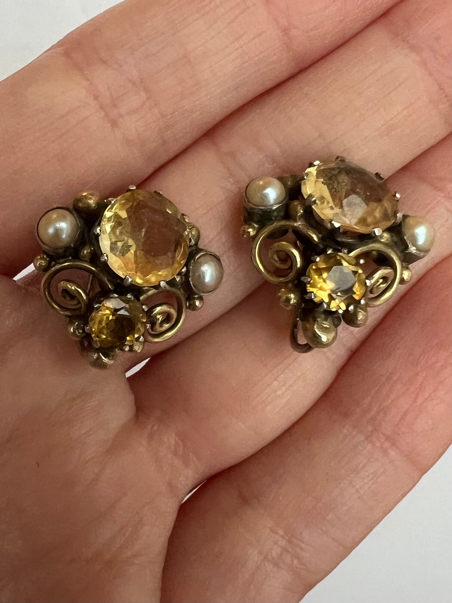 Dorrie Nossiter Citrine Pearl Arts & Crafs Screw Back Earrings