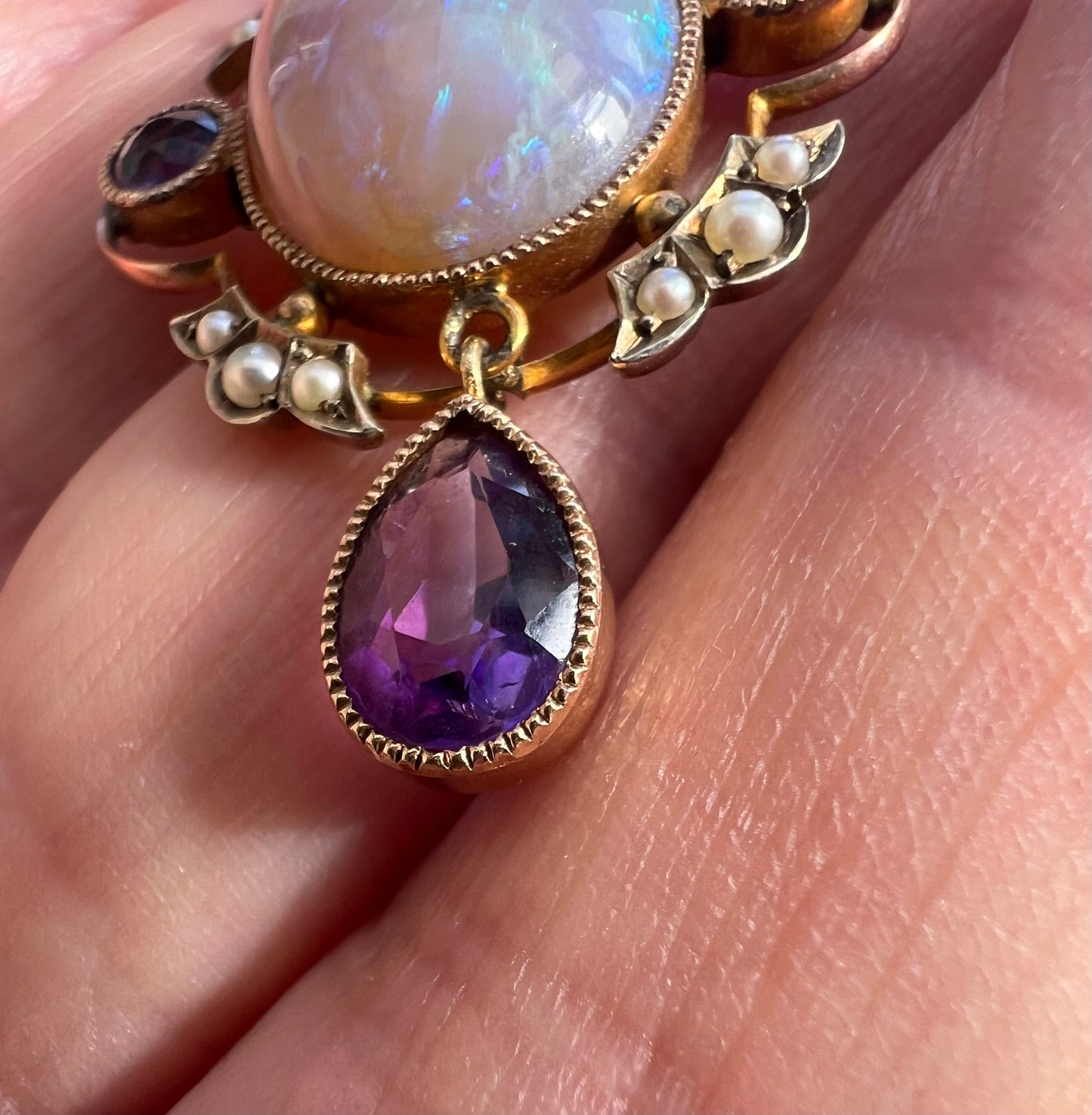 Striking Antique Large Opal Amethyst & Seed Pearl Pendant & Chain