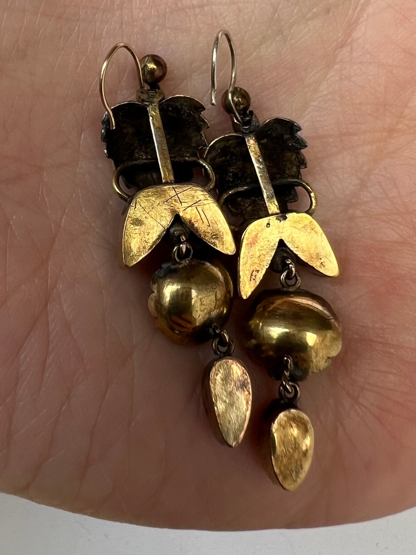 Gold Early 19th Century Pink Almandine Garnet Leaf Earrings