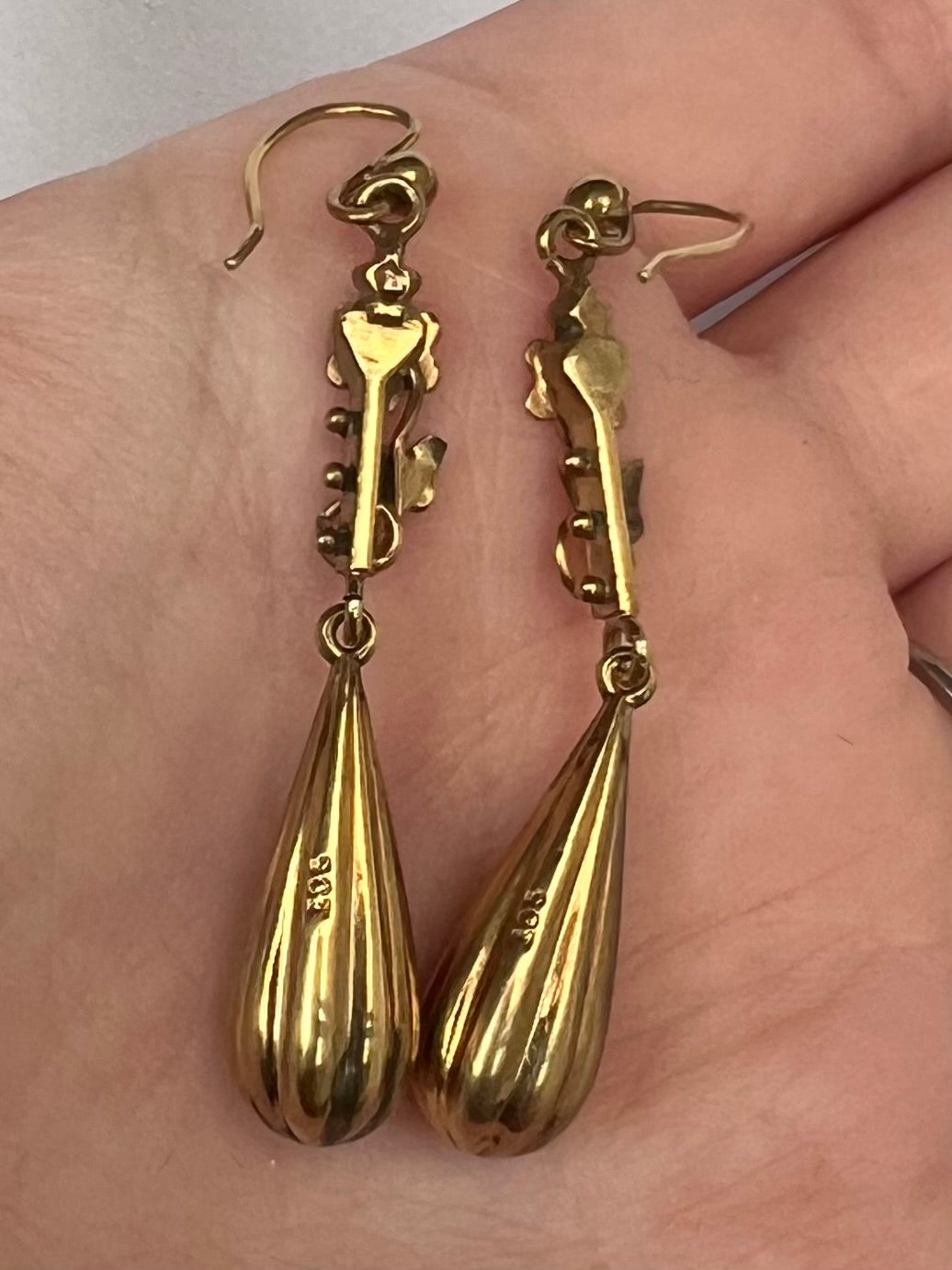 Victorian Torpedo and Flower Gold Drop Dangly Earrings