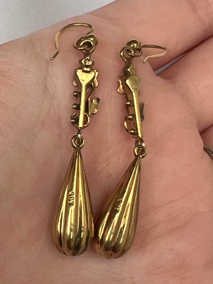 Victorian Torpedo and Flower Gold Drop Dangly Earrings