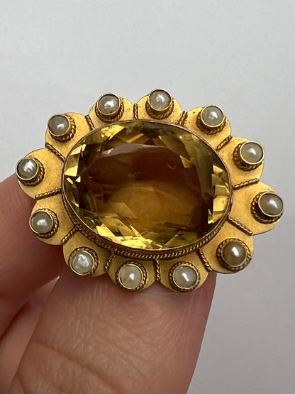 Large Citrine and Pearl Victorian Gold Flower Brooch
