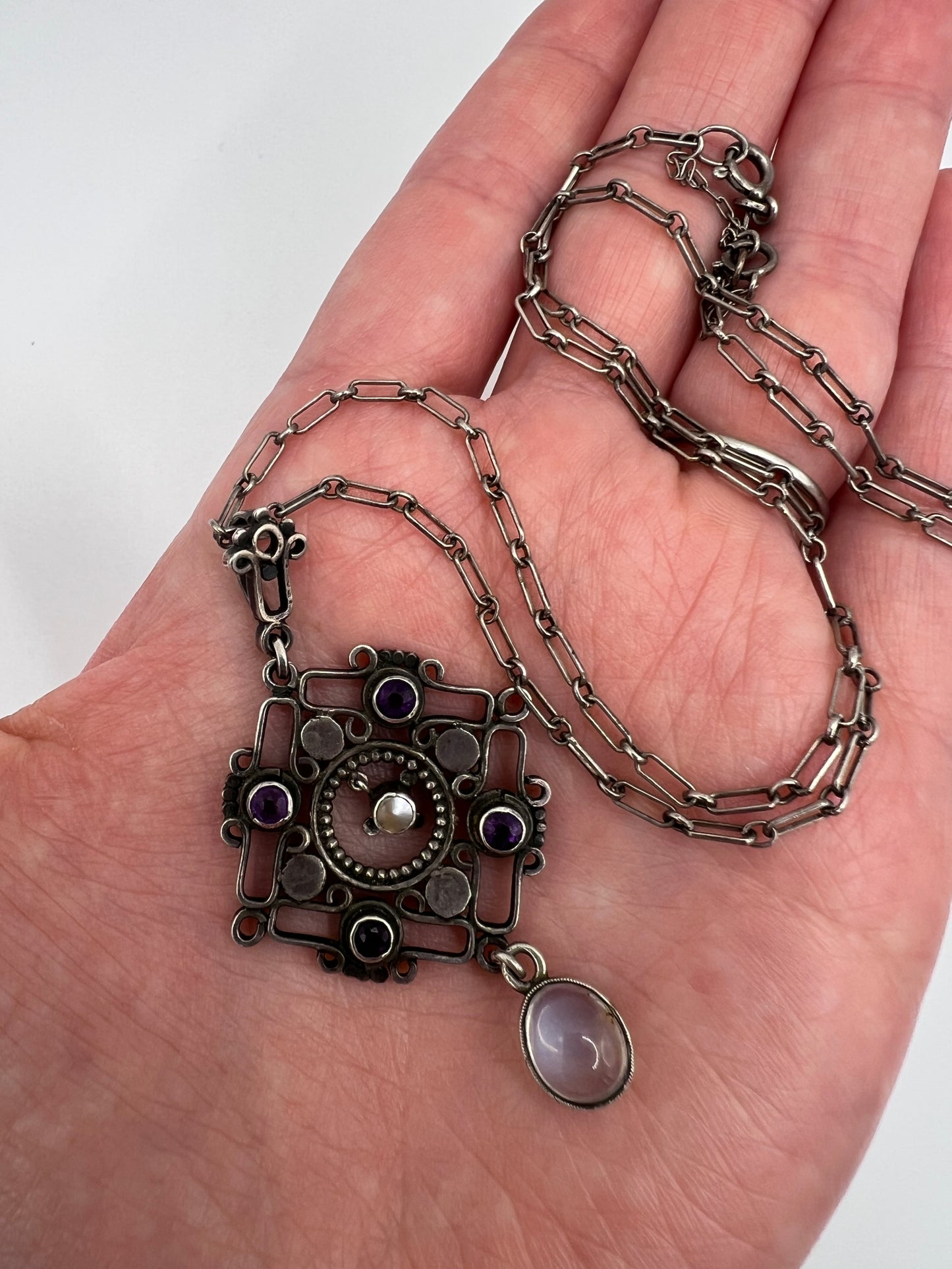 Liberty William Hair Haseler Arts and Crafts Silver Moonstone Amethyst Pendant